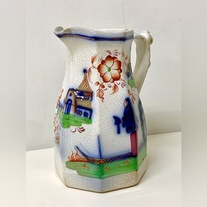 19th Century Antique Gaudy Welsh PAGODA Octagonal Lustreware Pitcher Jug 550